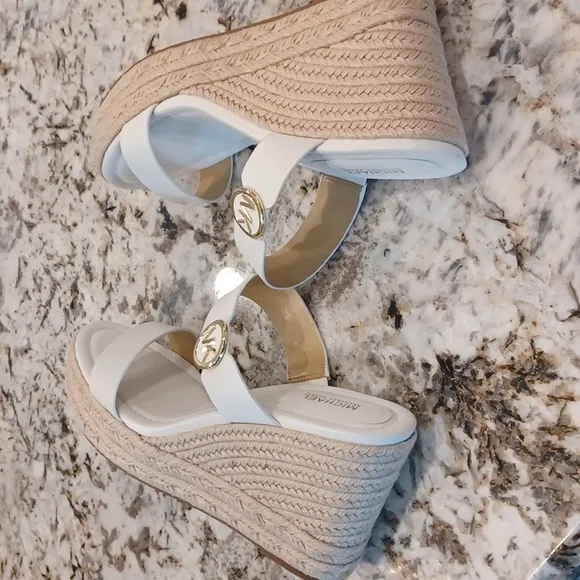 Michael Kors Lucinda Vachetta Leather Epadrille Wedge Sandals, White Leather 10