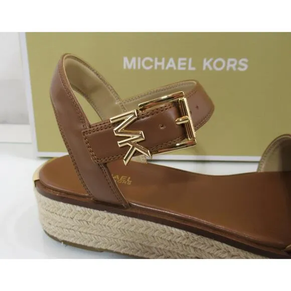 Michael Kors Richie Espadrille Platform Wedge Sandals MK Logo Luggage Size 7.5