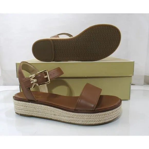 Michael Kors Richie Espadrille Platform Wedge Sandals MK Logo Luggage Size 7.5