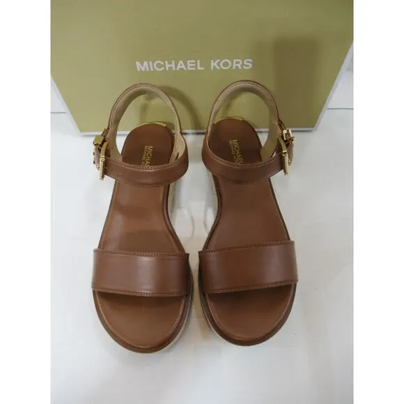 Michael Kors Richie Espadrille Platform Wedge Sandals MK Logo Luggage Size 7.5