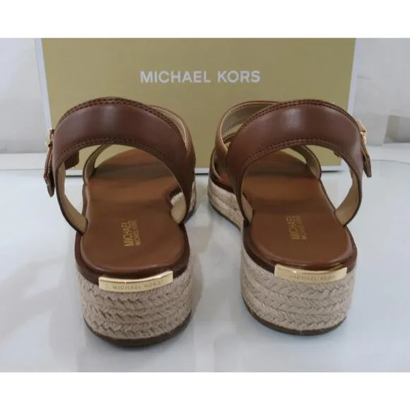 Michael Kors Richie Espadrille Platform Wedge Sandals MK Logo Luggage Size 7.5