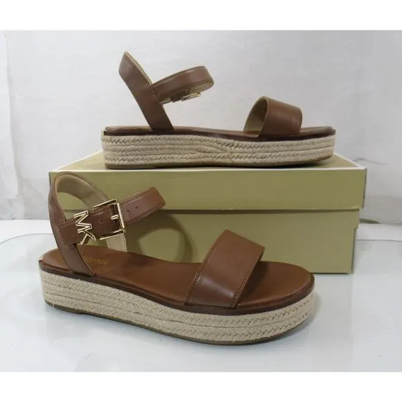 Michael Kors Richie Espadrille Platform Wedge Sandals MK Logo Luggage Size 7.5