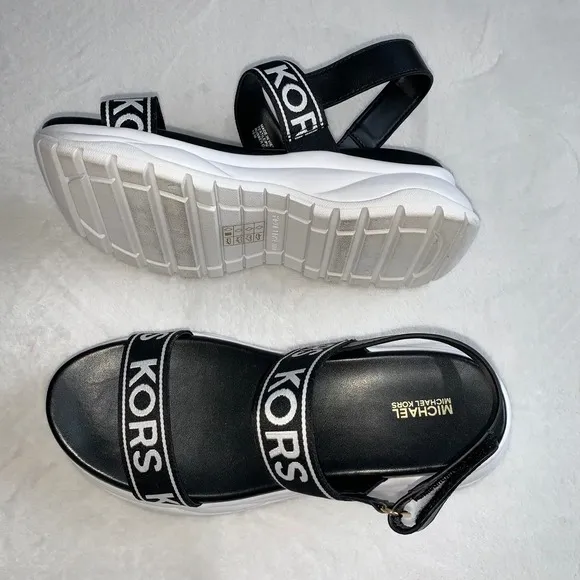 Michael kors wedge strap black white logo sandals size 10 new no box