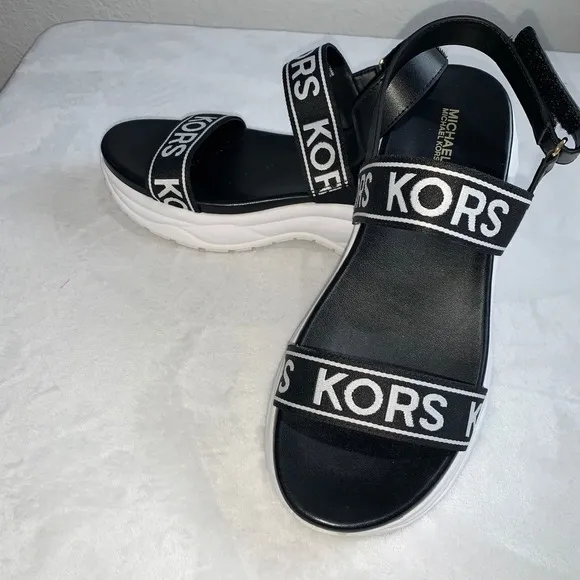 Michael kors wedge strap black white logo sandals size 10 new no box