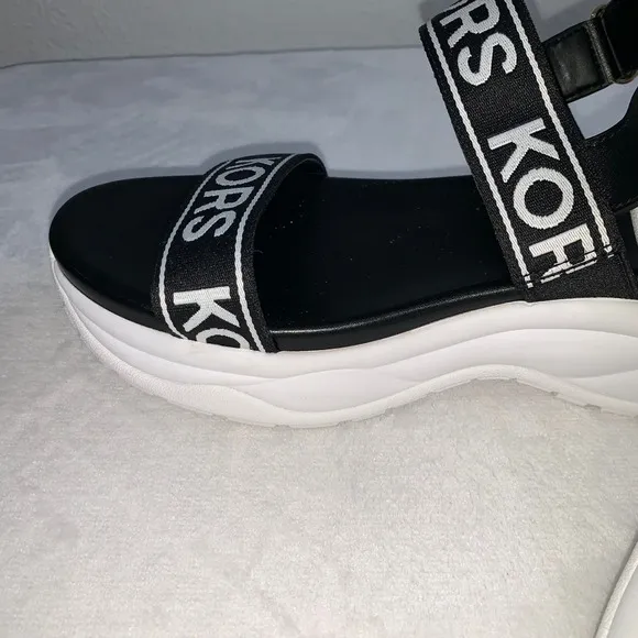 Michael kors wedge strap black white logo sandals size 10 new no box