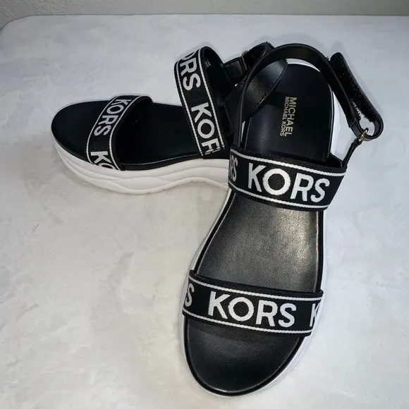 Michael kors wedge strap black white logo sandals size 10 new no box
