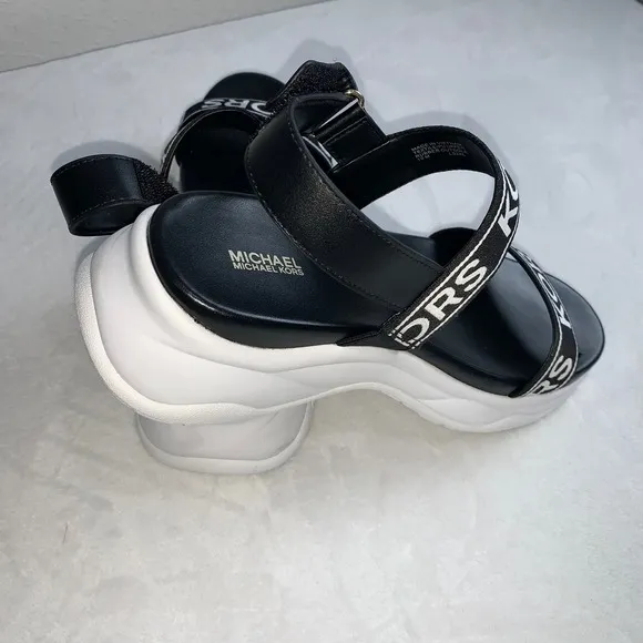Michael kors wedge strap black white logo sandals size 10 new no box