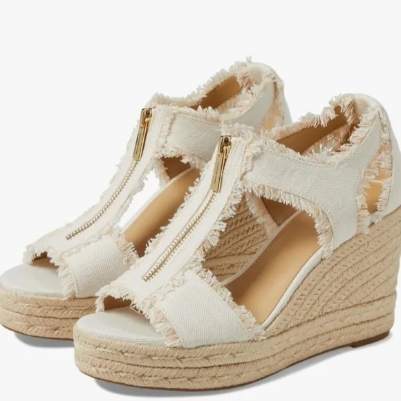 Michael Kors Women's Berkley Wedge Sandals Cream Color Fringed Denim NEW