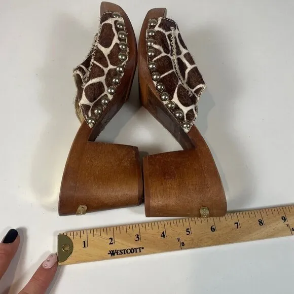 Michael Kors Womens Sandals Brown 7 Fur Giraffe Platform Wooden Block Heels 70s