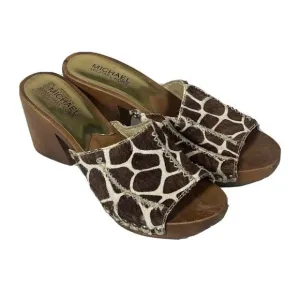 Michael Kors Womens Sandals Brown 7 Fur Giraffe Platform Wooden Block Heels 70s