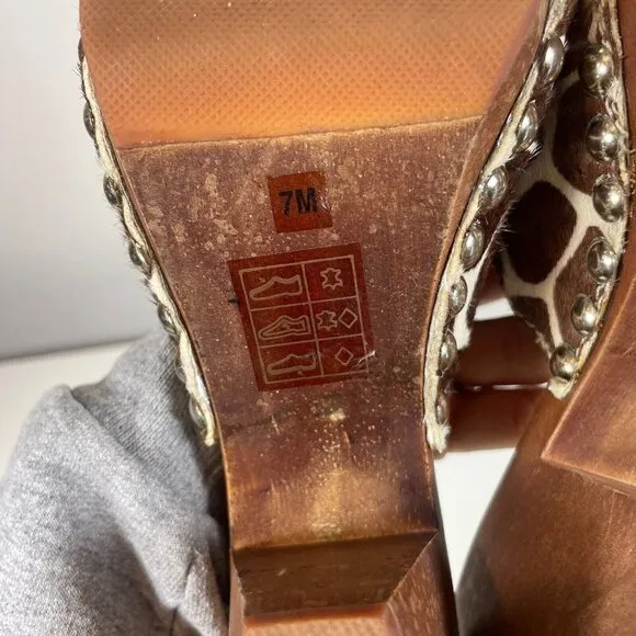 Michael Kors Womens Sandals Brown 7 Fur Giraffe Platform Wooden Block Heels 70s