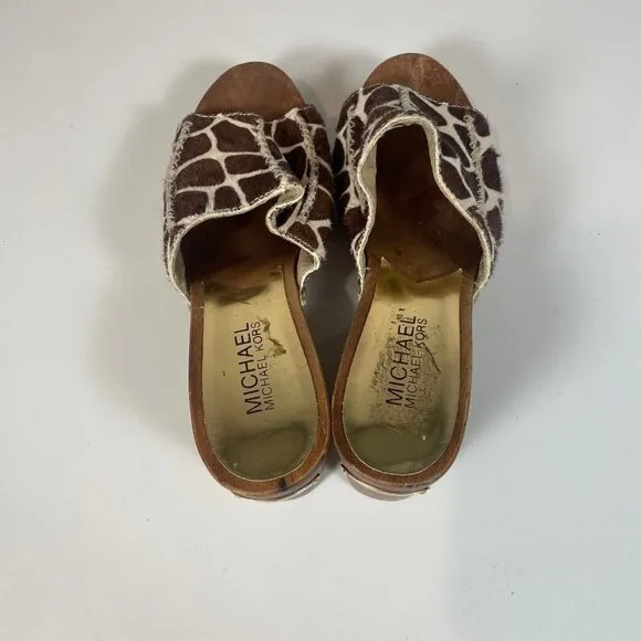 Michael Kors Womens Sandals Brown 7 Fur Giraffe Platform Wooden Block Heels 70s