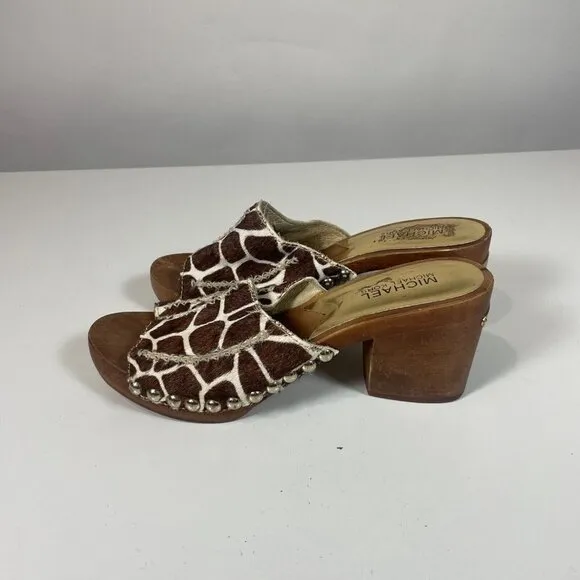 Michael Kors Womens Sandals Brown 7 Fur Giraffe Platform Wooden Block Heels 70s