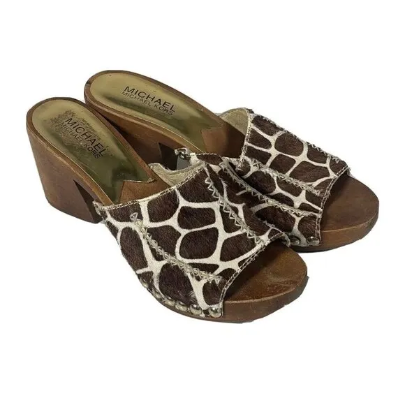 Michael Kors Womens Sandals Brown 7 Fur Giraffe Platform Wooden Block Heels 70s