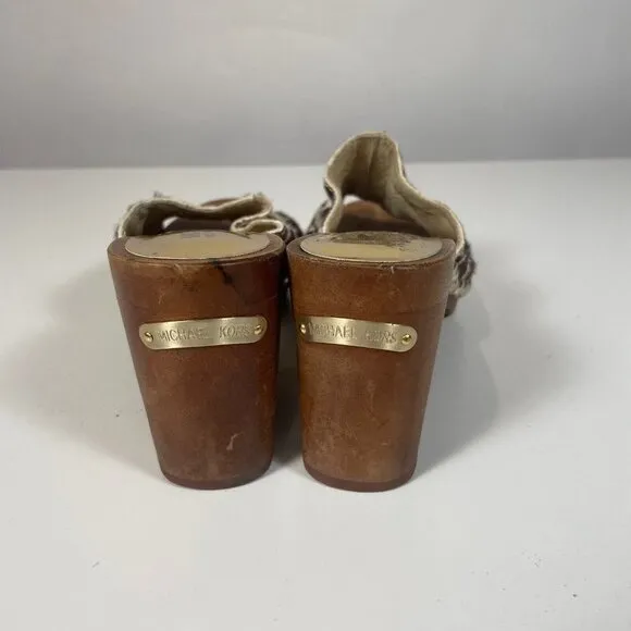 Michael Kors Womens Sandals Brown 7 Fur Giraffe Platform Wooden Block Heels 70s