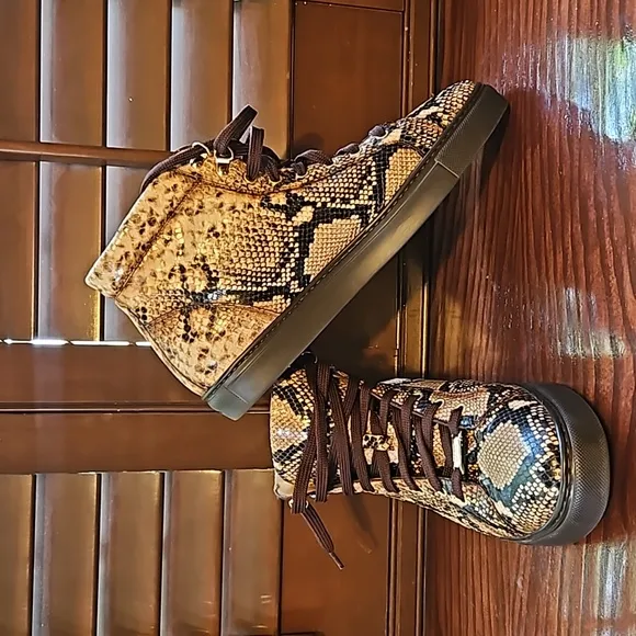 MISTER BROWN PYTHON PRINT/ CALF-SKIN LEATHER HIGH-TOP SNEAKERS