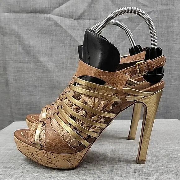 Miu Miu Brown / Gold Leather  Slingback Heeled Sandals women's SZ 39