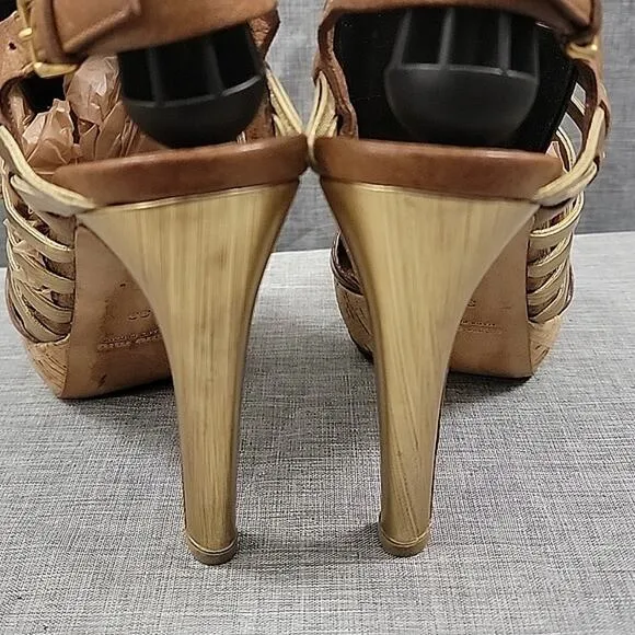 Miu Miu Brown / Gold Leather  Slingback Heeled Sandals women's SZ 39