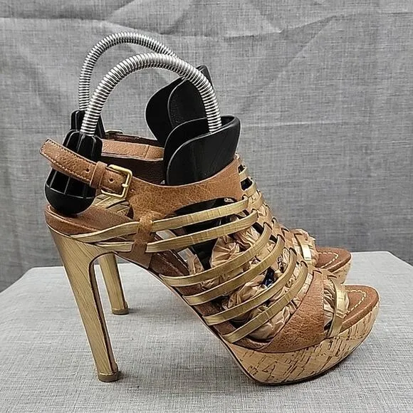 Miu Miu Brown / Gold Leather  Slingback Heeled Sandals women's SZ 39
