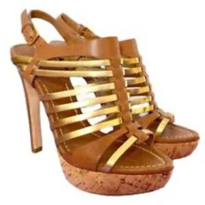 Miu Miu Brown / Gold Leather  Slingback Heeled Sandals women's SZ 39