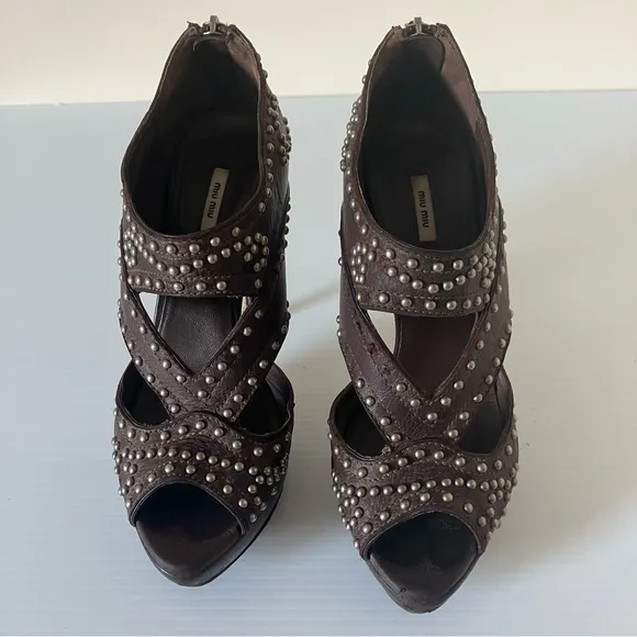 Miu Miu Brown Leather Studded Platform Heeled Sandals size 36.5 (6)