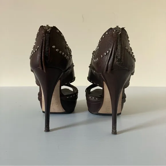 Miu Miu Brown Leather Studded Platform Heeled Sandals size 36.5 (6)