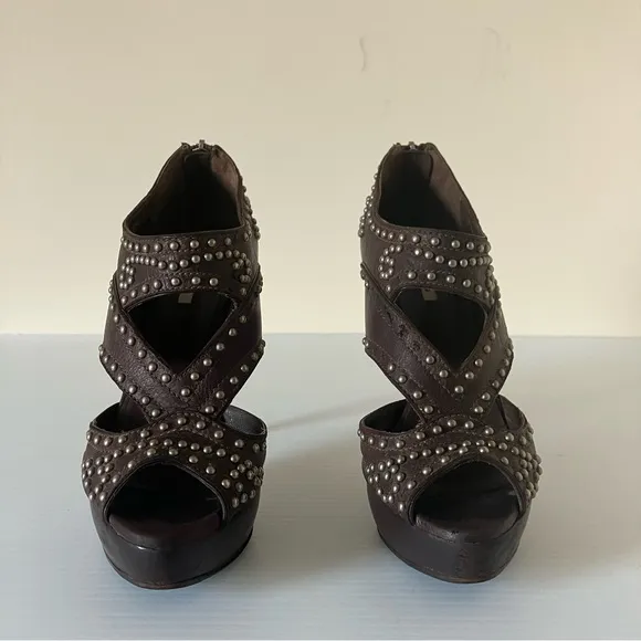 Miu Miu Brown Leather Studded Platform Heeled Sandals size 36.5 (6)