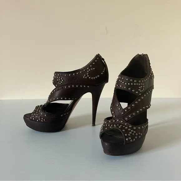 Miu Miu Brown Leather Studded Platform Heeled Sandals size 36.5 (6)