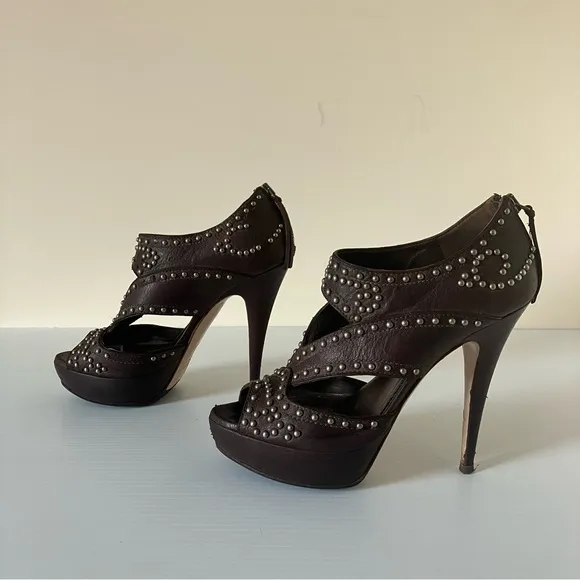 Miu Miu Brown Leather Studded Platform Heeled Sandals size 36.5 (6)
