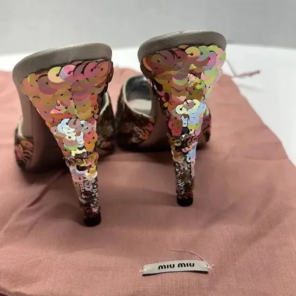 Miu Miu Perla Paillettes Mule Style High Heels Shoes Silver Sequin Designer 36.5