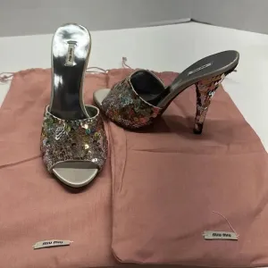 Miu Miu Perla Paillettes Mule Style High Heels Shoes Silver Sequin Designer 36.5