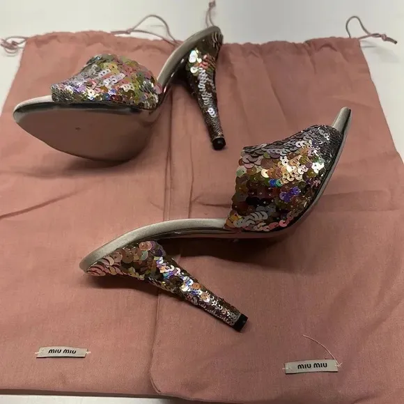 Miu Miu Perla Paillettes Mule Style High Heels Shoes Silver Sequin Designer 36.5