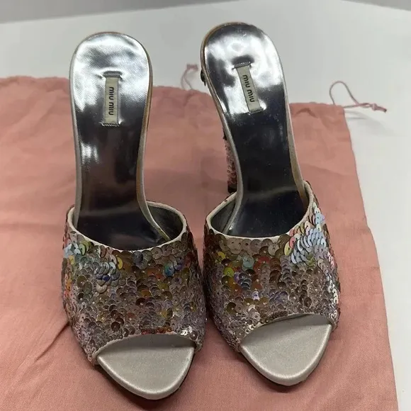 Miu Miu Perla Paillettes Mule Style High Heels Shoes Silver Sequin Designer 36.5