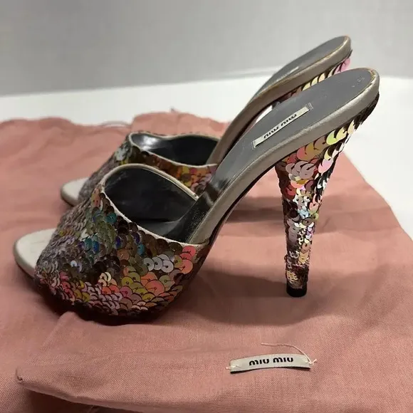 Miu Miu Perla Paillettes Mule Style High Heels Shoes Silver Sequin Designer 36.5
