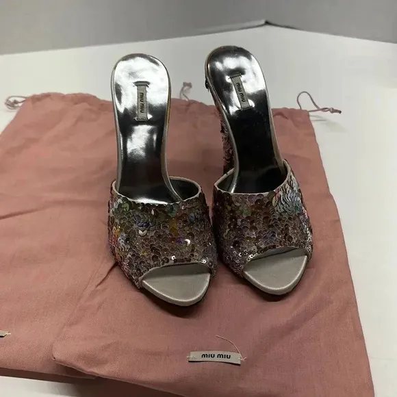 Miu Miu Perla Paillettes Mule Style High Heels Shoes Silver Sequin Designer 36.5