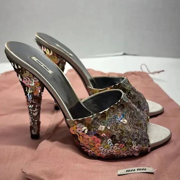 Miu Miu Perla Paillettes Mule Style High Heels Shoes Silver Sequin Designer 36.5