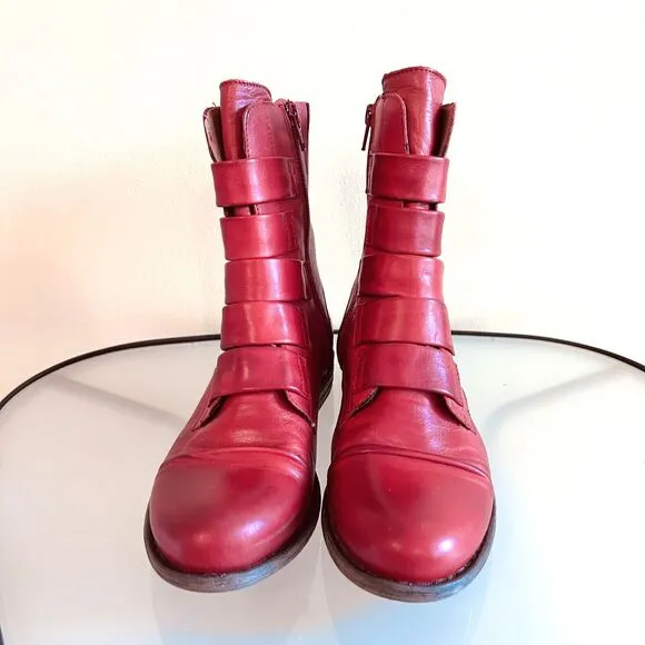 Miz Mooz Leighton Red Leather Strapped Mid Boots Women's Size 8 Portugal