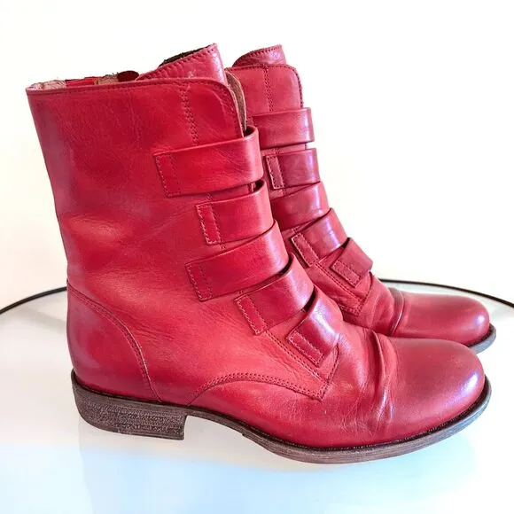 Miz Mooz Leighton Red Leather Strapped Mid Boots Women's Size 8 Portugal