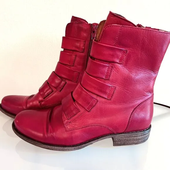 Miz Mooz Leighton Red Leather Strapped Mid Boots Women's Size 8 Portugal