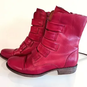 Miz Mooz Leighton Red Leather Strapped Mid Boots Women's Size 8 Portugal