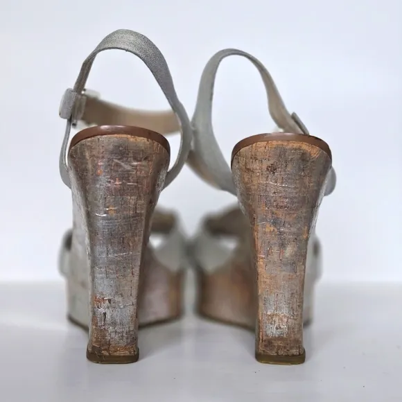 MK AMBER metallic silver wedge strappy shoes 10M