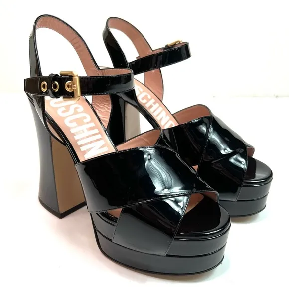 Moschino Black Patent Leather Platform Sandals Size 38.5