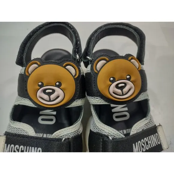 Moschino Kids Girls US Size 2 Black &amp; White Platform Teddy Logo Strap Sandals 33