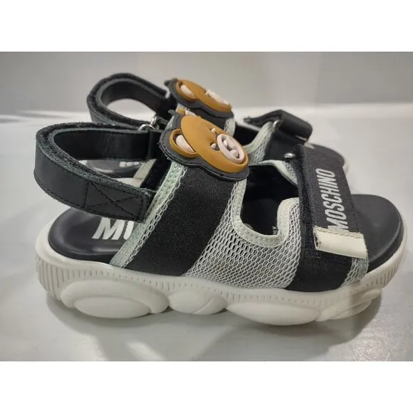 Moschino Kids Girls US Size 2 Black &amp; White Platform Teddy Logo Strap Sandals 33