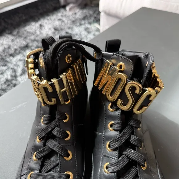 Moschino Lettering Logo Calfskin High cut Sneakers Size 44/10.5-11