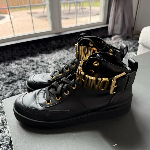 Moschino Lettering Logo Calfskin High cut Sneakers Size 44/10.5-11