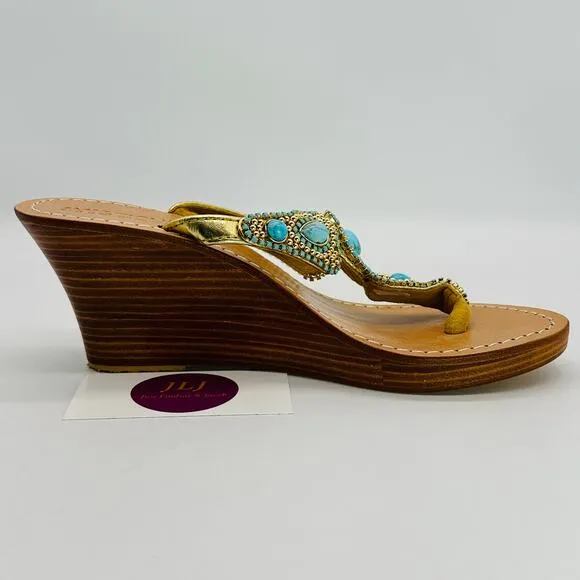 Mystique Women's Hand Crafted Turquoise Jeweled Wedge Thong Sandals Size 8