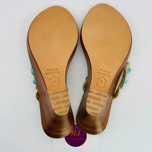 Mystique Women's Hand Crafted Turquoise Jeweled Wedge Thong Sandals Size 8