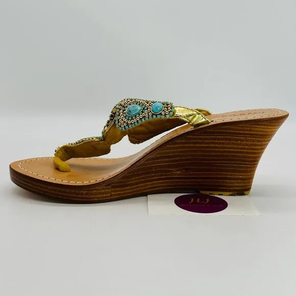 Mystique Women's Hand Crafted Turquoise Jeweled Wedge Thong Sandals Size 8