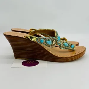 Mystique Women's Hand Crafted Turquoise Jeweled Wedge Thong Sandals Size 8